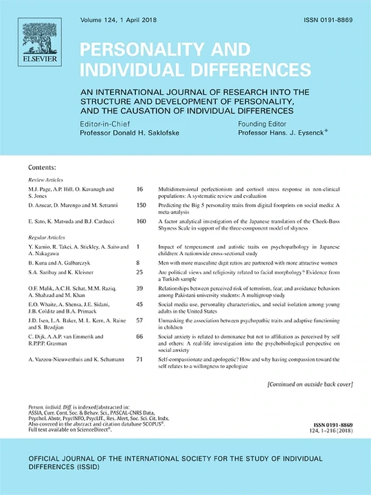 PERSONALITY AND INDIVIDUAL DIFFERENCES journal cover